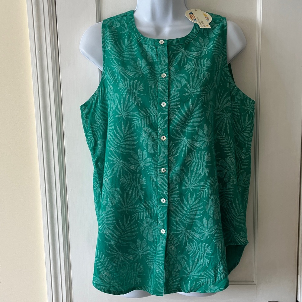 NWT Linen Top Long Sleeveless Women’s Small Green‎ Leaf Print Resort Scandi Girl